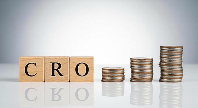 Wooden blocks spelling CRO and stacks of coins representing growth in a bright clean studio setting symbolizing conversion rate optimization and financial success for online businesses photo