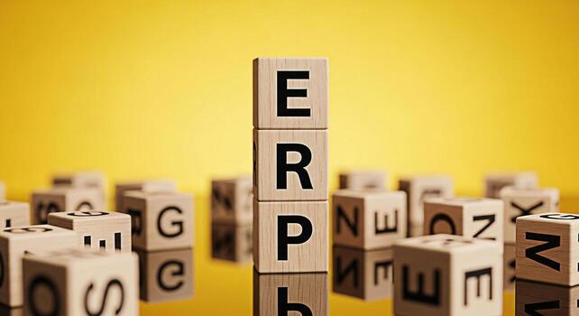 Wooden blocks spelling ERP standing tall on a reflective surface against a vibrant yellow background symbolizing enterprise resource planning and business management solutions for efficiency and succe photo