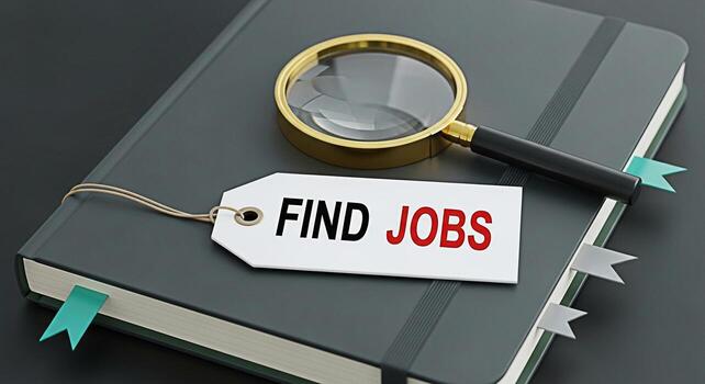 Magnifying glass focusing on a tag that says Find Jobs on a notebook in a professional setting representing the concept of career searching and job opportunities for career advancement photo