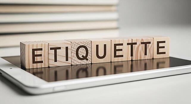 de madera bloques ortografía etiqueta descansando en un tableta en un brillante estudio ajuste simbolizando profesionalismo y el importancia de bueno modales en negocio y social interacciones transporte un pulido foto