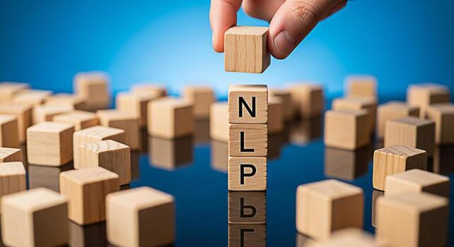 Hand placing a wooden block on top of NLP letters on a reflective surface against a blue background representing NeuroLinguistic Programming and its potential for personal growth and positive change photo