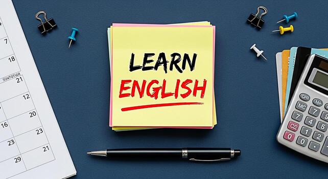 Topdown view of a stack of sticky notes displaying Learn English on a blue desk surrounded by office supplies like a calendar pen calculator and binder clips creating a focused and educational atmosph photo