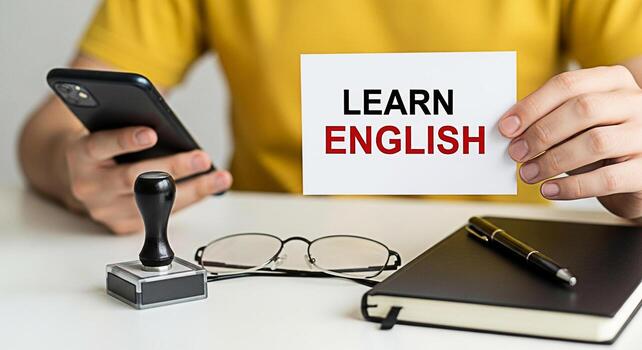 estudiante utilizando un teléfono inteligente mientras participación un aprender Inglés tarjeta en un blanco escritorio con lentes un cuaderno y un bolígrafo creando un enfocado y educativo atmósfera para idioma aprendizaje foto