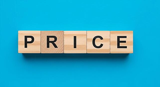 Wooden blocks spelling PRICE on a vibrant blue background representing cost determination and market value creating a sense of transparency and consumer awareness in a competitive business environment photo