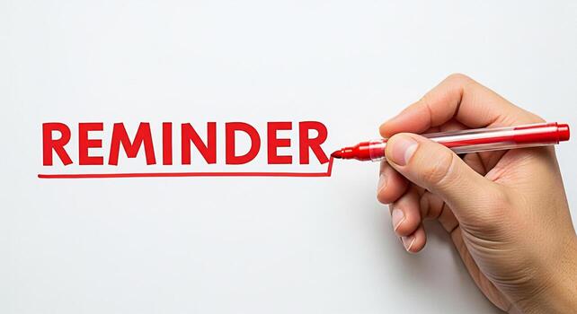 Hand underlining the word Reminder in red marker on a white surface creating a sense of urgency and importance perfect for time management deadlines and important tasks photo