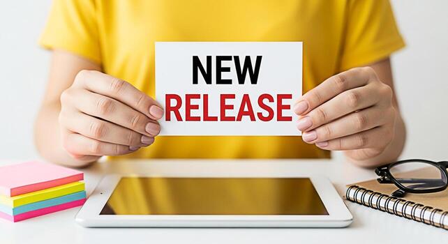 Woman holding a New Release card at her desk surrounded by a tablet sticky notes and notebook creating a vibrant and organized workspace symbolizing productivity and innovation photo