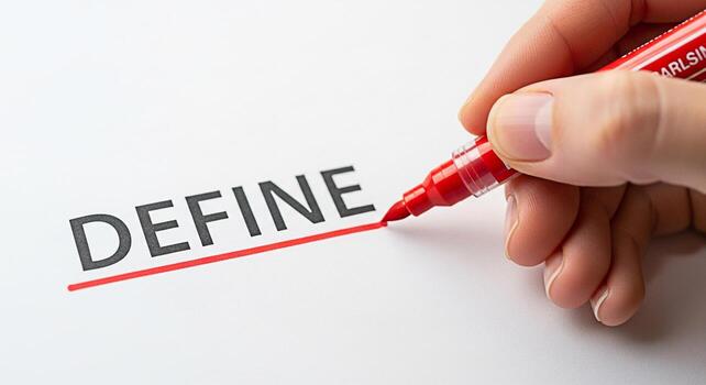 Hand underlining the word DEFINE with a red marker on white paper emphasizing clarity and precision in a minimalist setting symbolizing focus and determination in achieving goals photo
