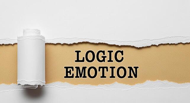 Torn paper revealing the words Logic and Emotion on a beige background symbolizing the balance between rational thinking and emotional intelligence in decisionmaking processes creating a thoughtprovok photo