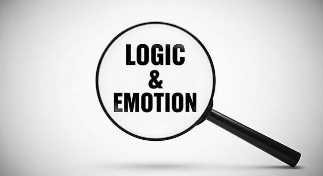 Magnifying glass focusing on the words Logic Emotion against a plain white background representing a deep analysis and the importance of balancing rational thought with emotional intelligence photo