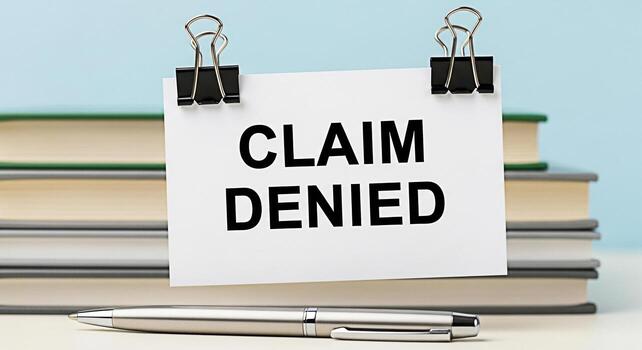 Reclamación negado mensaje desplegado en un blanco tarjeta cortado a libros con un bolígrafo en un escritorio representando rechazo negación y el concepto de seguro Reclamación cuestiones en un profesional ajuste foto