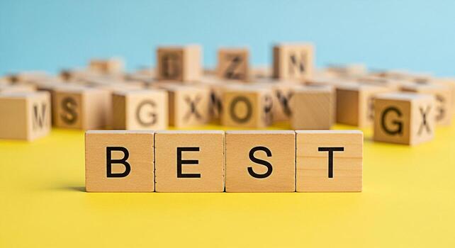 Wooden blocks spelling BEST on a vibrant yellow surface conveying a message of excellence and achievement against a soft blue backdrop symbolizing success and toptier quality in a playful setting photo