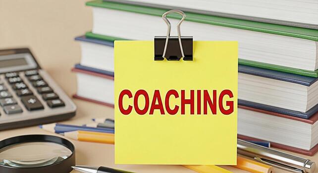 Coaching message displayed on a yellow sticky note with a binder clip surrounded by books pencils a calculator and a magnifying glass on a desk representing learning and guidance photo