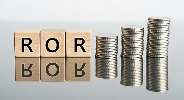 Wooden blocks spelling ROR next to stacks of coins on a reflective surface symbolizing increasing return on investment and financial growth in a business context conveying a sense of prosperity photo