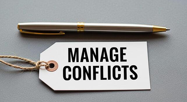 Elegant pen resting above a tag displaying Manage Conflicts on a gray surface symbolizing resolution and effective communication in business and personal relationships with a focus on problemsolving photo