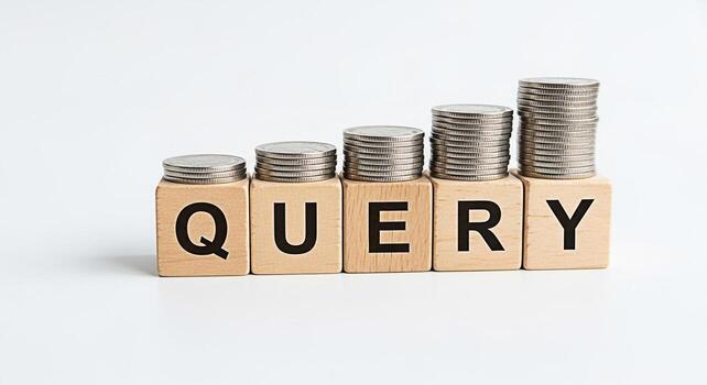 Stacks of coins growing on wooden blocks spelling QUERY against a white background representing data analysis information retrieval and the increasing value of search engine optimization photo