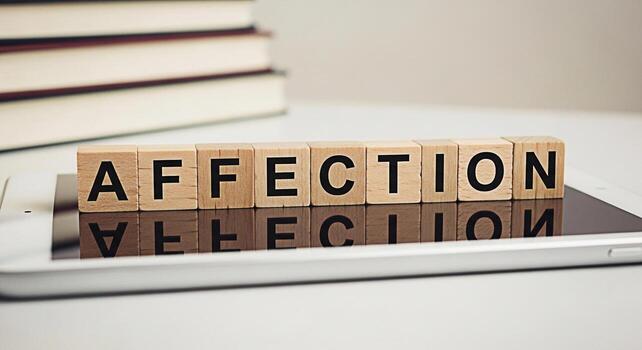 Wooden blocks spelling Affection resting on a tablet in a bright clean studio setting symbolizing love care and emotional connection in the digital age promoting feelings of warmth and tenderness photo