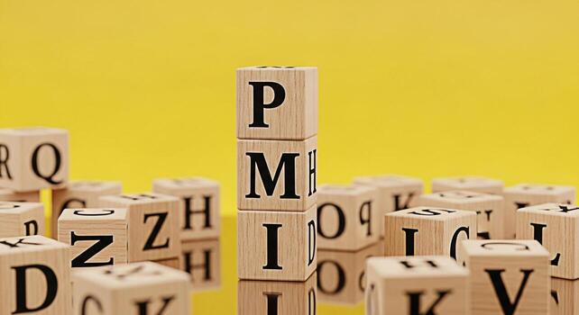 Stacked wooden blocks spelling PMI on a reflective surface against a vibrant yellow background symbolizing project management and successful business strategies in a creative and educational setting photo