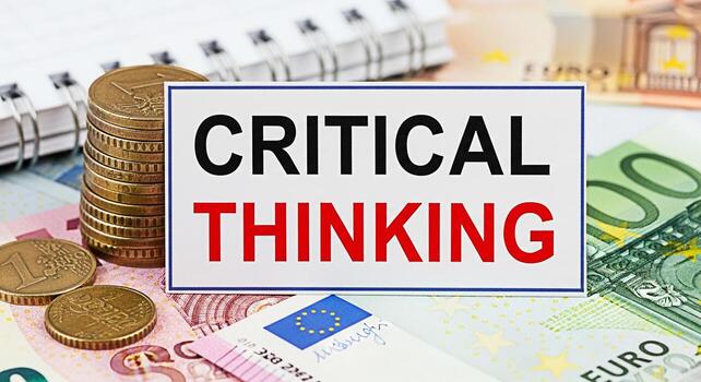 Critical thinking message displayed with Euro currency and coins on a desk representing financial strategy and problemsolving skills in a business environment emphasizing the importance of analytical photo