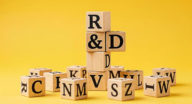 Wooden alphabet blocks spelling out RD stacked high on a bright yellow background symbolizing research and development innovation and the importance of learning and education in a playful and engaging photo