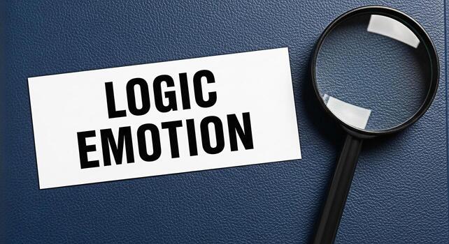 Magnifying glass examining a card with the words Logic and Emotion on a textured blue surface symbolizing the balance between rational thinking and emotional intelligence in decisionmaking photo