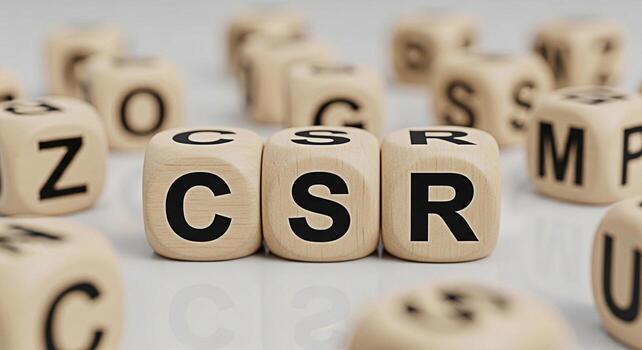 Wooden blocks displaying CSR on a white surface symbolizing corporate social responsibility and ethical business practices creating a positive and sustainable impact on society and the environment photo