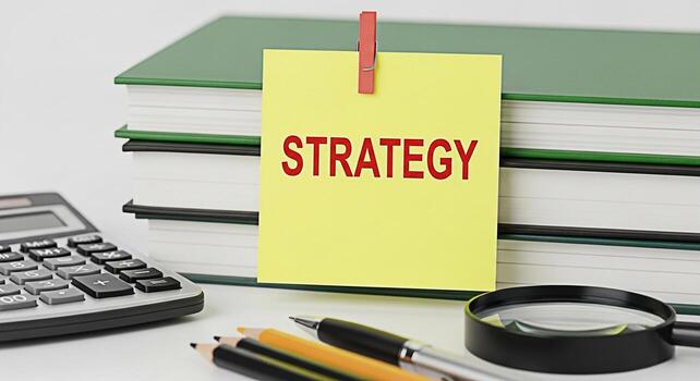 Strategy note displayed on a desk with books calculator pencils and a magnifying glass representing planning and analysis in a business or educational setting for achieving success and clarity photo