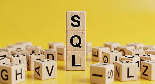 Stack of wooden blocks spelling SQL on a yellow surface surrounded by other lettered blocks representing database language and data management in a bright and playful learning environment photo