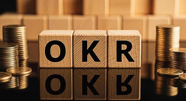 Wooden blocks displaying OKR acronym with stacked coins on a reflective surface representing objectives and key results in a financial setting conveying a sense of strategic planning and business succ photo