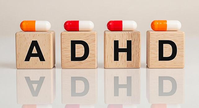 ADHD medication displayed on wooden blocks with pills symbolizing treatment and management of attention deficit hyperactivity disorder in a clinical setting promoting focus and cognitive support photo