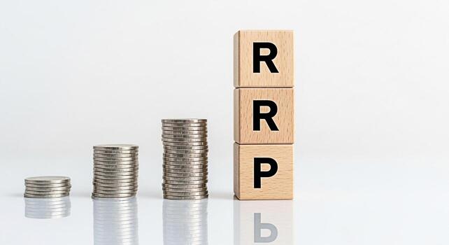 Stacks of coins and wooden blocks spelling RRP on a white surface representing the concept of Retail Recommended Price and financial growth in a clean minimalist setting conveying stability and invest photo