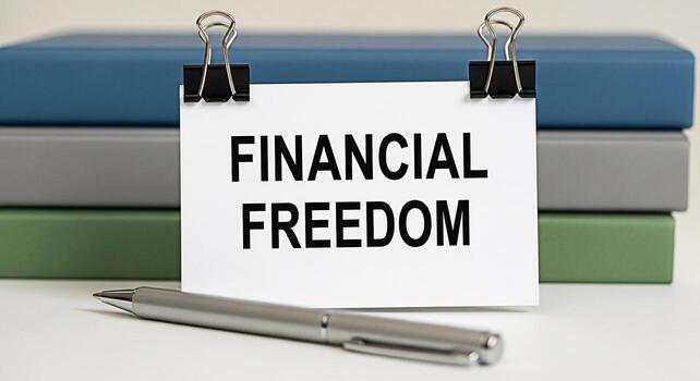 Financial freedom message displayed on a white card with binder clips placed on a desk with books and a pen symbolizing financial independence and wealth management in a professional setting photo