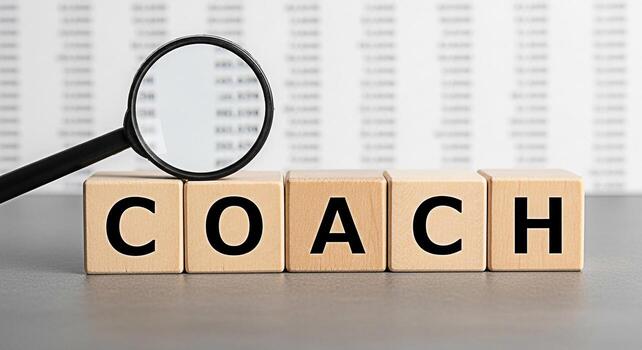 Magnifying glass inspecting wooden blocks spelling out COACH on a gray surface with a blurred spreadsheet background symbolizing business mentorship and strategic guidance for success photo