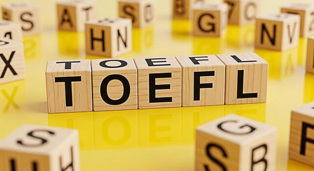 Wooden blocks spelling TOEFL on a yellow reflective surface surrounded by other letter blocks representing the concept of standardized English language testing for international students and academic photo