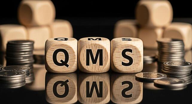 Wooden cubes displaying QMS abbreviation surrounded by stacks of coins on a reflective surface representing Quality Management System implementation and its financial impact on business success and pr photo