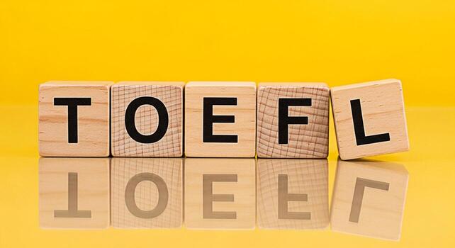 Wooden blocks spelling TOEFL on a reflective yellow surface symbolizing preparation and success in the Test of English as a Foreign Language creating a bright and optimistic mood for educational achie photo