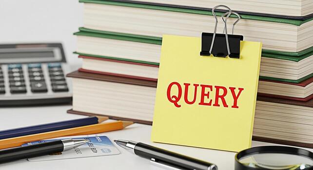 Yellow sticky note displaying the word Query in a study environment with books and calculator representing research investigation and the pursuit of knowledge in an academic setting photo