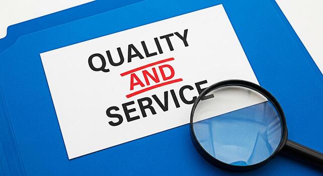 Closeup of a magnifying glass examining a document labeled Quality and Service on a blue file folder representing attention to detail and a commitment to excellence in business operations and customer photo