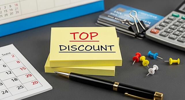 Closeup of a stack of sticky notes displaying Top Discount on a desk with a calendar credit cards calculator and pen creating a sense of urgency and opportunity for savings in a business environment photo