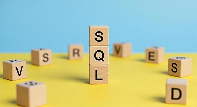 Wooden blocks spelling out SQL on a yellow and blue background representing database management and data querying conveying a clean and modern aesthetic with a focus on information technology concepts photo