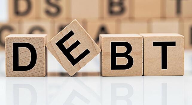 Wooden blocks spelling out DEBT on a reflective surface with one block slightly tilted representing financial challenges economic burden and the concept of owing money in a clean minimalist setting photo