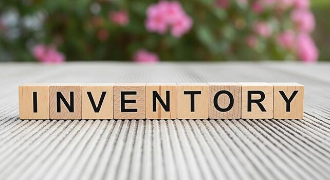 Wooden blocks spelling INVENTORY on a textured surface with blurred pink flowers in the background representing stock management and business organization in a natural and serene setting photo