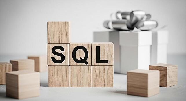 Wooden blocks displaying SQL in a minimalist setting symbolizing database management and structured query language conveying a clean modern and professional concept with a gift box in the background photo
