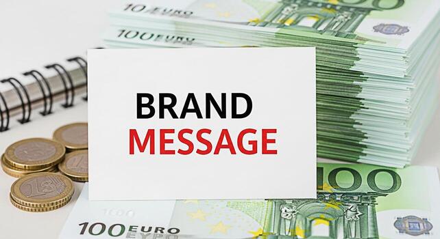 de cerca de un negocio tarjeta mostrando un marca mensaje estratégicamente metido en un apilar de 100 euro billetes y monedas en un bien iluminado estudio ajuste simbolizando financiero comunicación y estratégico marca foto