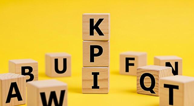 Wooden blocks displaying KPI concept on a yellow background representing key performance indicators and business metrics for success and strategic planning in a corporate environment photo