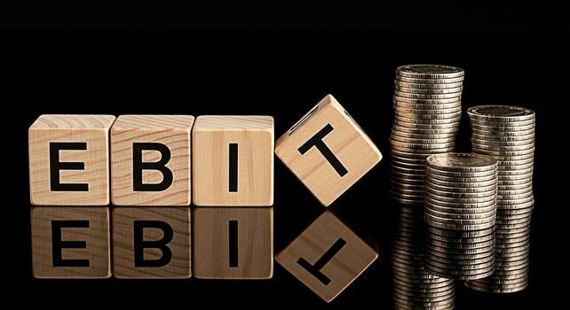 Wooden blocks displaying EBIT acronym with stacked coins on a reflective surface representing earnings before interest and taxes conveying financial performance and profitability in a business context photo