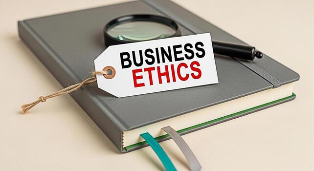 de cerca de un gris cuaderno mostrando un negocio ética etiqueta acompañado por un aumentador vaso y bolígrafo simbolizando corporativo responsabilidad y moral principios en un profesional ajuste foto