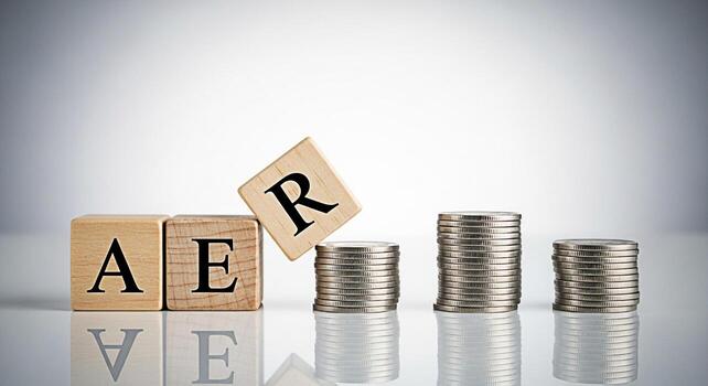 Wooden blocks spelling AER with coins stacked in increasing heights on a reflective surface representing Annual Equivalent Rate financial growth and investment returns in a clean modern setting photo