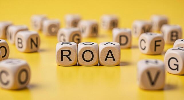 Wooden alphabet blocks spelling out ROA on a bright yellow surface symbolizing return on assets and financial performance creating a focused and informative visual for business and investment concepts photo