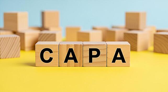 Wooden blocks spelling CAPA on a yellow surface representing Corrective and Preventive Action in a business setting conveying a sense of quality control and continuous improvement photo