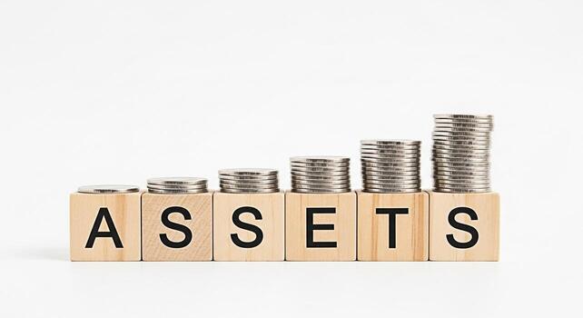 Stacks of coins growing on wooden blocks spelling ASSETS in a bright studio setting representing financial growth investment success and the accumulation of wealth and valuable possessions photo